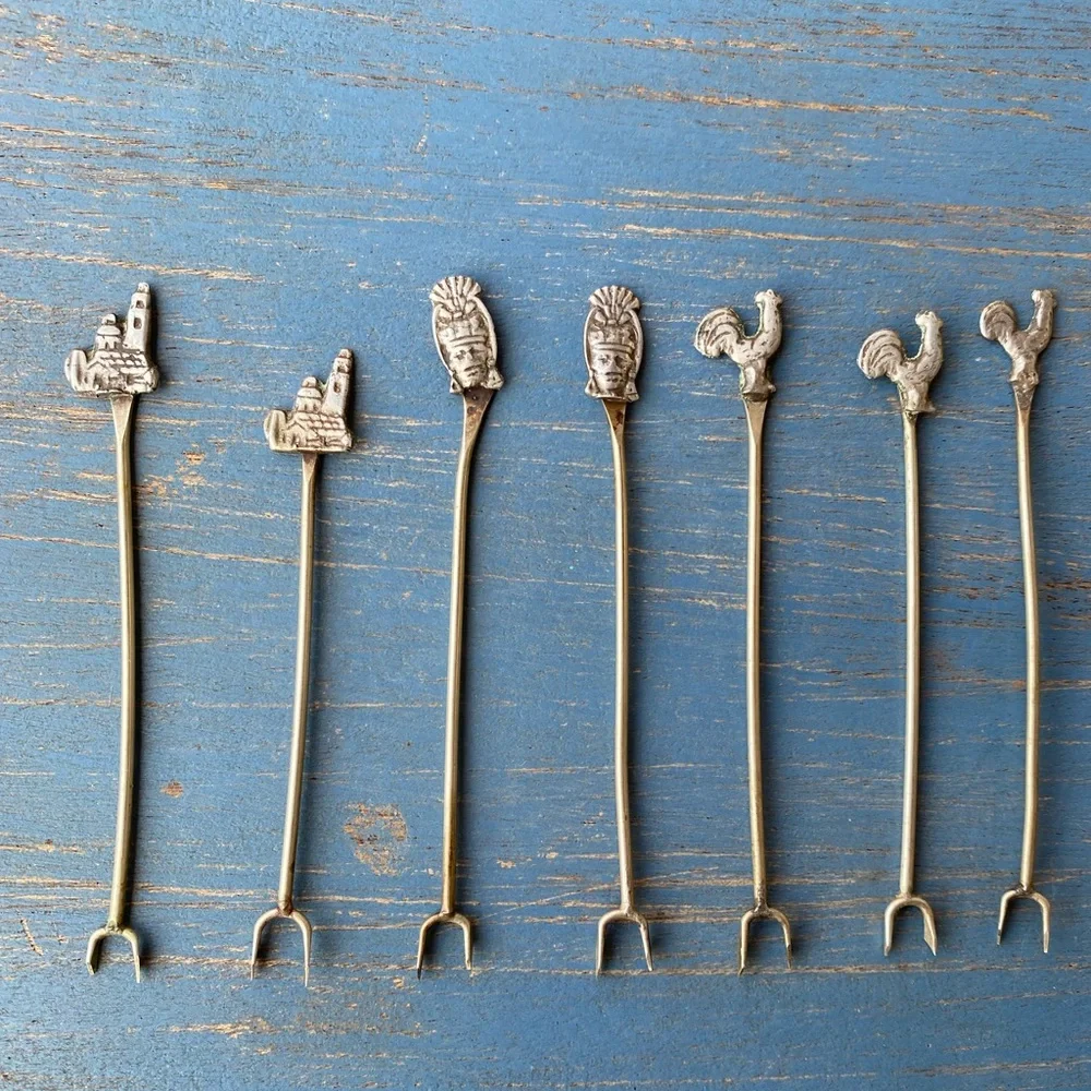 Vintage 12 Handmade Silver Themed hors d’oeuvre Serving Forks Roster Dog Ect.